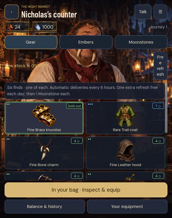 Development screenshot: Nicholas’s shop with its rotating equipment offers