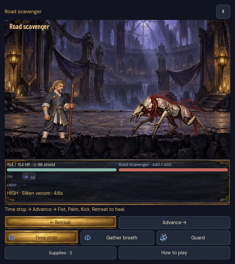 Development screenshot: Hiltos faces a road scavenger with advance, retreat, spell and guard controls