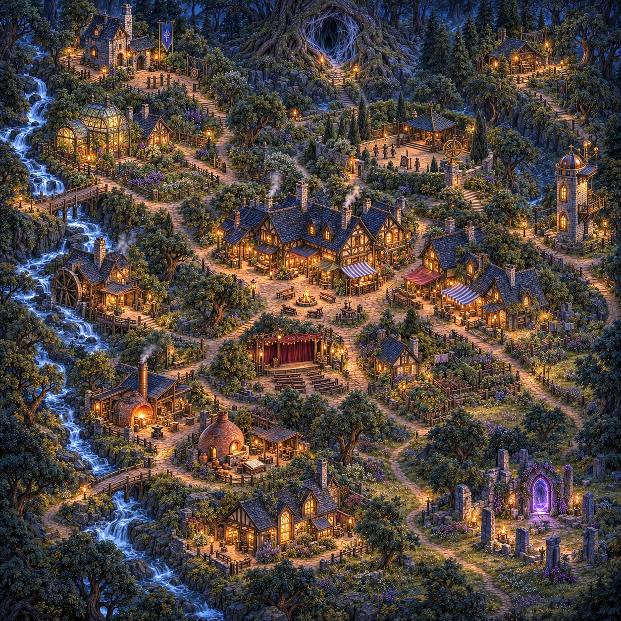 A lantern-lit village with winding paths, gardens, and homes among ancient trees